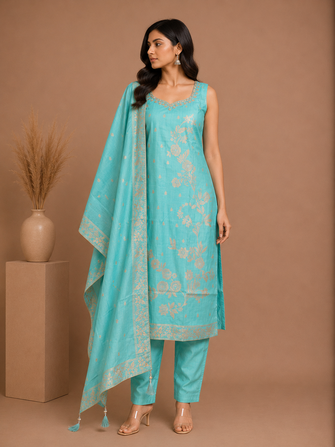 Aqua Blue Floral Woven Silk Kurta Set with Dupatta